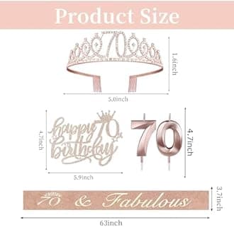 70th Birthday Decorations for Women, Including Sash, Crown/Tiara, Candles, Cake Topper, 70th Birthday Gifts for Women