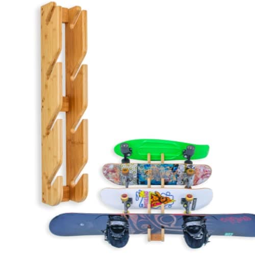 COR Surf Skateboard Wall Mount Display 4 Boards | Snowboard Wall Storage Mount Holds Four Boards Made with Sustainable Bamboo 4 Board Indoor Wall Rack for Snow and Skate