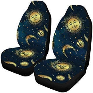 InterestPrint Boho Celestial Bodies Gold Sun Moon and Stars Front Car Seat Covers Set of 2, Vehicle Seat Protector Car Mat Covers, Fit Most Vehicle, Cars, Sedan, Truck, SUV, Van