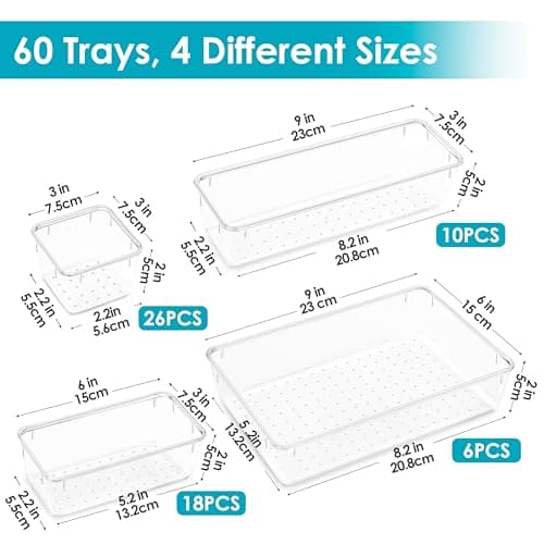 Vtopmart 60 PCS Drawer Organiser, 4-Size Clear Plastic Drawer Organiser Bins Containers for Bathroom and Vanity Storage, Home Organization for Makeup, Kitchen Utensils