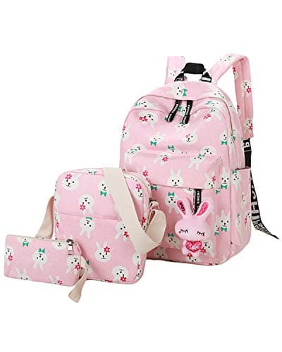 ABage Girls' Canvas Backpack Set 3 Pieces Patterned Bookbag Laptop School Backpack, Light Pink2