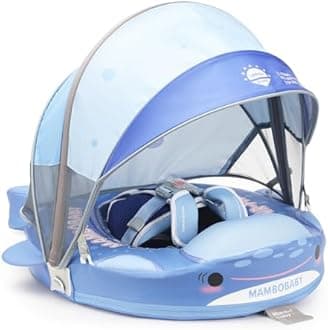 Mambobaby Baby Float With Canopy & Tail Non-Inflatable Baby Swim Float Upgrade Soft Infant Pool Float Sun Protection Newborn Pool Float 3-24 Months Skin-Friendly Material for Toddler Boys Girls(Shark)