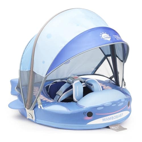Mambobaby Baby Float With Canopy & Tail Non-Inflatable Baby Swim Float Upgrade Soft Infant Pool Float Sun Protection Newborn Pool Float 3-24 Months Skin-Friendly Material for Toddler Boys Girls(Shark)