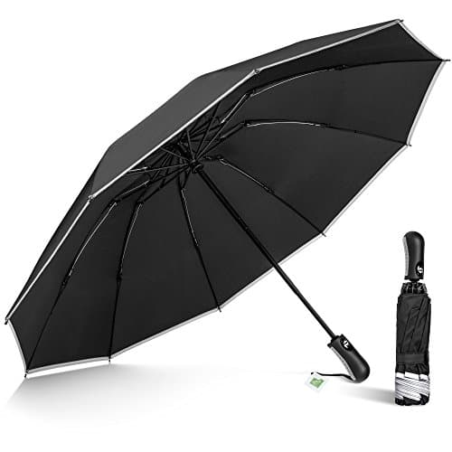 Ace Teah Travel Umbrella, Automatic Folding Umbrella 10 Ribs Windproof to 60MPH, Compact 46 Inch Rain Umbrella for Men Women, Auto Open Close with Safety Reflective Strip (46 Inch Black)