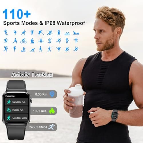 Smart Watch for Men Women, 1.85" Smartwatch (Answer/ Make Call), IP68 Waterproof Fitness Tracker, 100+ Sport Modes, Heart Rate Monitor, Sleep Monitor, Pedometer, Smartwatches for Android iOS, Black