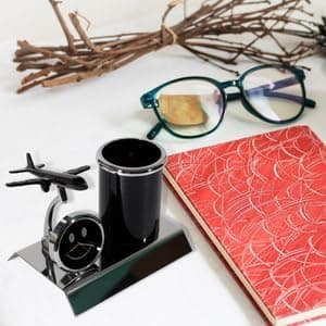 Pen Stand for Office Table, Pencil Holder with Airplane Miniature, Stationary Desk Organizer with Clock Black, metal