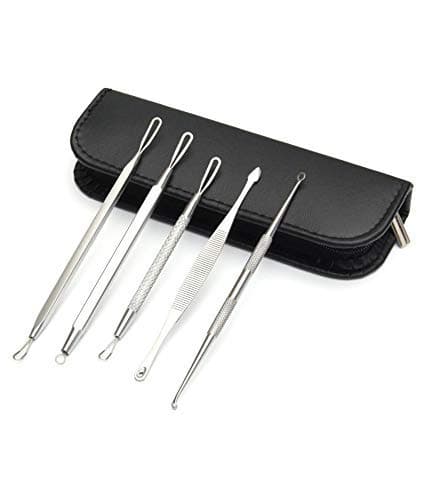 JULEXStainless Steel Anti-Slid Handle Blackhead Remover Tools Kit with Case, Pimple Removal Tool Acne Needle,Pack of 5