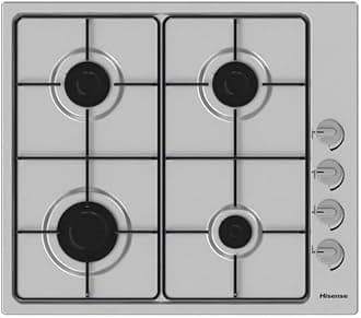 Hisense GM642XHS Built-in 60cm Gas Hob - Stainless Steel with 4 Cooking Areas, Easy Clean Surface, One -Hand Ignition, 60 x 52 x 8.9 cm (L x W x H)