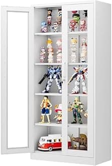 PEUKC Display Storage Cabinet with Glass Door, 71 Inches Metal Curio Cabinet with 4 Adjustable Shelves, Locking Glass Display Case for Home, Office, Clinic, Pantry, Assemble Required (White)