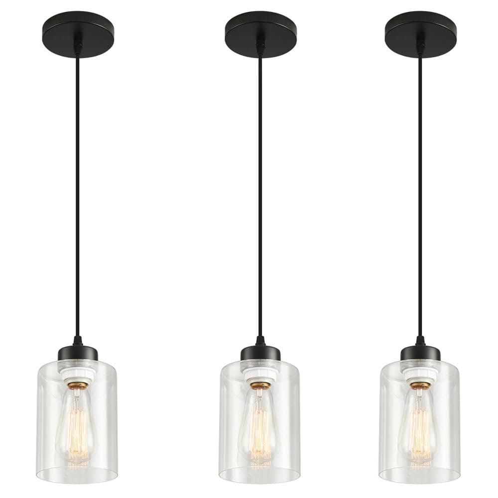 Pendant Light Fixture, 3 Pack Hanging Ceiling Lamp with Clear Glass Shade, Adjustable, Kitchen and Dining Room, Black, 30 x 15 x 22 cm