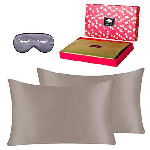 BlueHills Luxury Gift Set - 100% Pure Mulberry Natural Soft Both Sides Silk Pillowcase 2 Pack for Hair and Skin Hidden Zipper & 1 Pure Silk Eye Mask Gift Box 3 Piece Set Taupe Color Standard S023