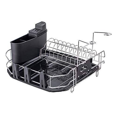 VESLA HOME Sink Countertop Kitchen Dish Drying Rack in Sink Dish Drainer with Drain Board and Cutlery Cup, Stainless Steel Silver Wire/Black Plastic