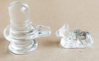 Crystal Shivling with Nandi Statue Religious Worship Set, Clear Glass, 2-Piece