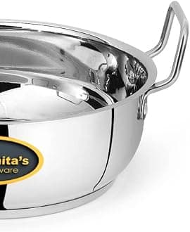 Kanshita's Rasoiware Heavy Gauge Stainless Steel Induction Bottom/Gas Stove Friendly Kadai with Lid- 1.5 Litre, Silver