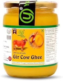 Yugmantra Organic Foods Desi Gir Cow Ghee (500 ml x 2 = 1000 ML) | Traditional Bilona Method | Lactos and Gluten free | Grassfed, Natural And Healthy Desi Cow Ghee | Glass Bottel
