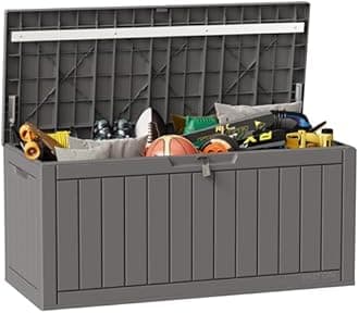 EAST OAK Outdoor Storage Box, 100 Gallon Deck Box, Waterproof Resin Storage Bench for Patio Cushions, Gardening Tools, Pool Toys, Lockable, UV Resistant, Grey