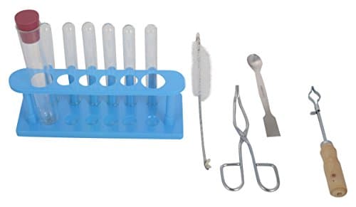 VIJAY SURGICAL Small & Big Test Tubes With Plastic Stand + Rubber Cork + Brush + Tongs 6" + Test Tube Holder & Spectulla 6" [Combo Of All]