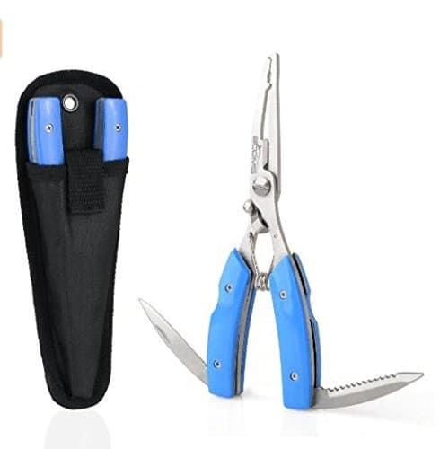 Rey Multi Function Stainless Steel Fishing Pliers Curved Nose Scissors Braid Cutters Hook Remover Lightweight Fish Holder with 2 Small Blades Fishing Line Cutters (blue)