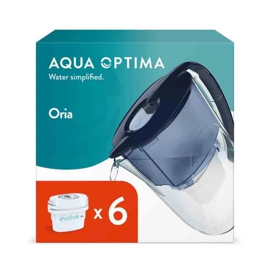 Aqua Optima Oria Water Filter Jug & 6 Evolve+ Filter Cartridge 2.8L Blue - Fridge & Dishwasher Friendly, Easy Fill - Reduces Limescale, Chlorine & Other Impurities - By LAICA (Packaging May Vary)