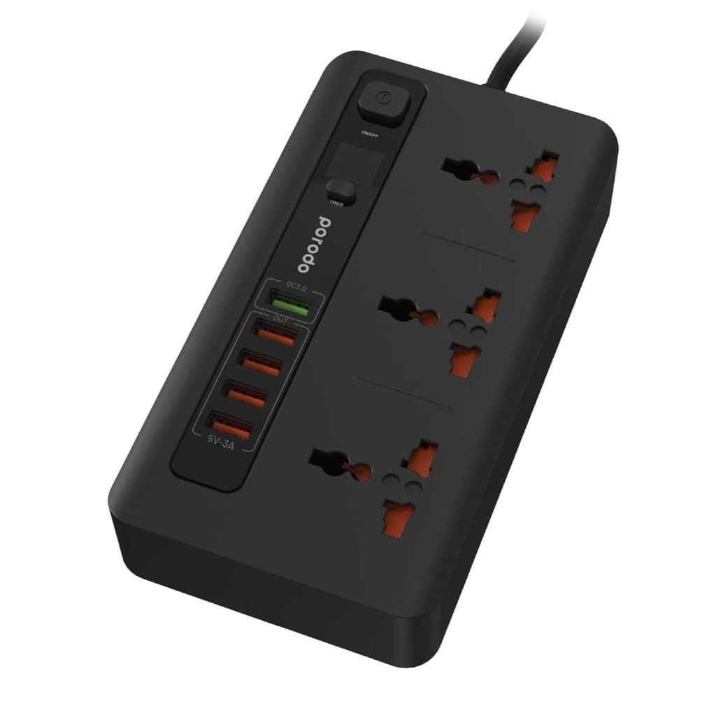 Porodo Power Hub with Power Socket Strip, 4 USB Port 3.4A + 1 Quick Charge 3.0 Port with 3 Universal Power Sockets 10A, Built-in Timer, Independent Power Switch, Fire-proof Material (EU) - Black
