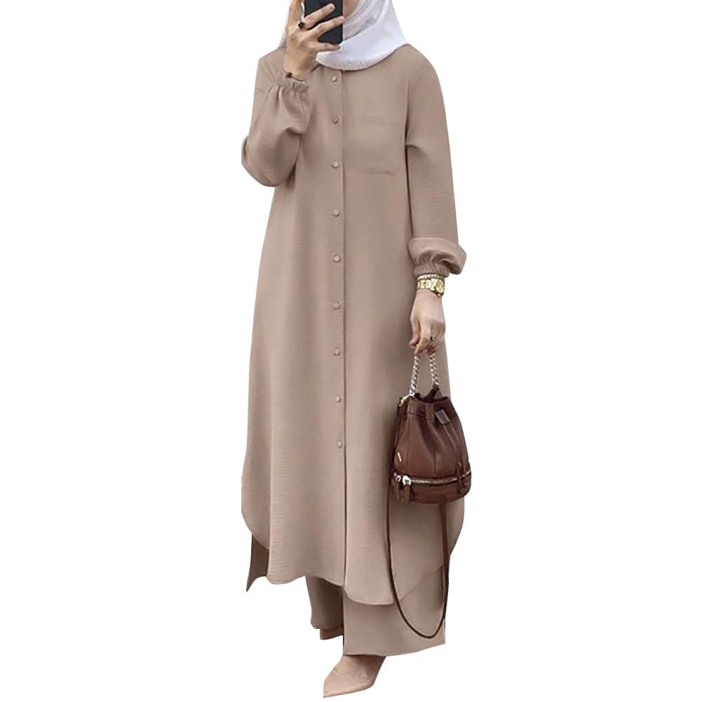 Women's Muslim 2 Pieces Sets Long Sleeve Button Down Shirt and Pants Abaya Casual Dress Dubai Outfits