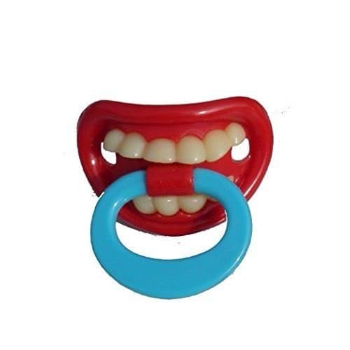 BABY DUMMY SOOTHER PACIFIER FUNNY TEETH NOVELTY WITH BLUE HANDLE