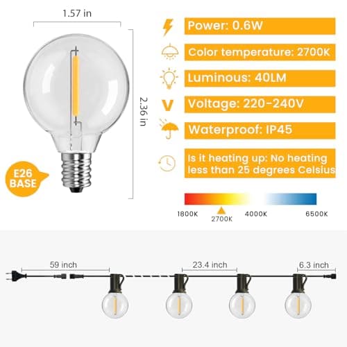 GLOBELIT Outdoor String Lights 150FT, G40 75+3 Bulbs Festoon Lights Outdoor - 2700K Warm White, 25000H Long Life, IP45 Waterproof & Shatterproof, Mains Powered Garden Lights for Gazebo/Pergola