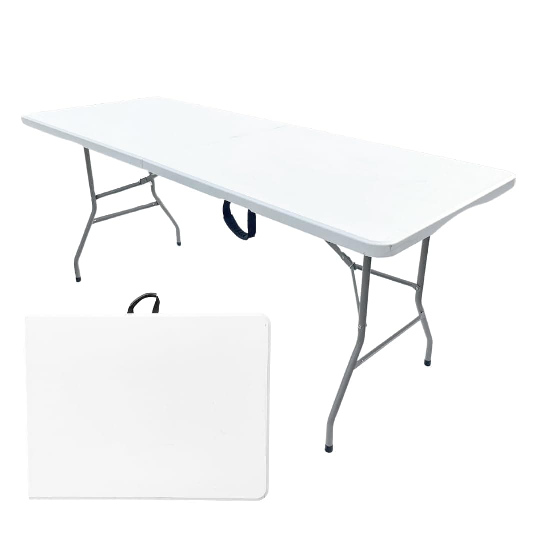 6ft Plastic Folding Trestle Table - Heavy Duty -Indoor & Outdoor Solution for All Occasions - 150kg Capacity- Easy Setup, Folds in Half for Compact Storage, Portable with Carry Handle