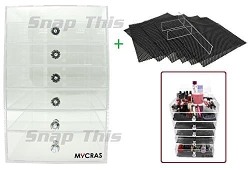 MYCRAS - Acrylic Makeup Organizer Holder - Clear Cosmetics Storage Box Solution With 7 Tier (6 Drawers) & FREE Removable Divider & Mats