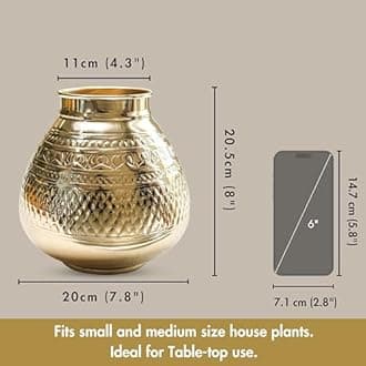 Behoma Matki Shape Metal Flower Vase for Home Decor, Traditional Embossed Metal Flower Pot for Office Table Decorations, Modern vases, Gift for Festival, 8 inches, Golden 1 Pc (Flowers not Included)