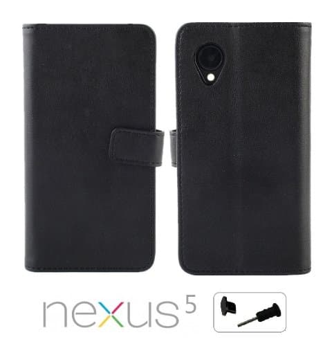 iCustomized (TM) Black Retro Wallet Style Vintage Leather Flip Stand Case with Credit Card / ID Slots for the LG Google Nexus 5 D820 and D821 (Android), Black Audio Jack Dust Plug