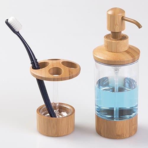 mDesign Bamboo and Plastic Soap or Lotion Dispenser Pump with Toothbrush Holder Stand, 2 pc Bathroom Accessory Set - Clear/Natural