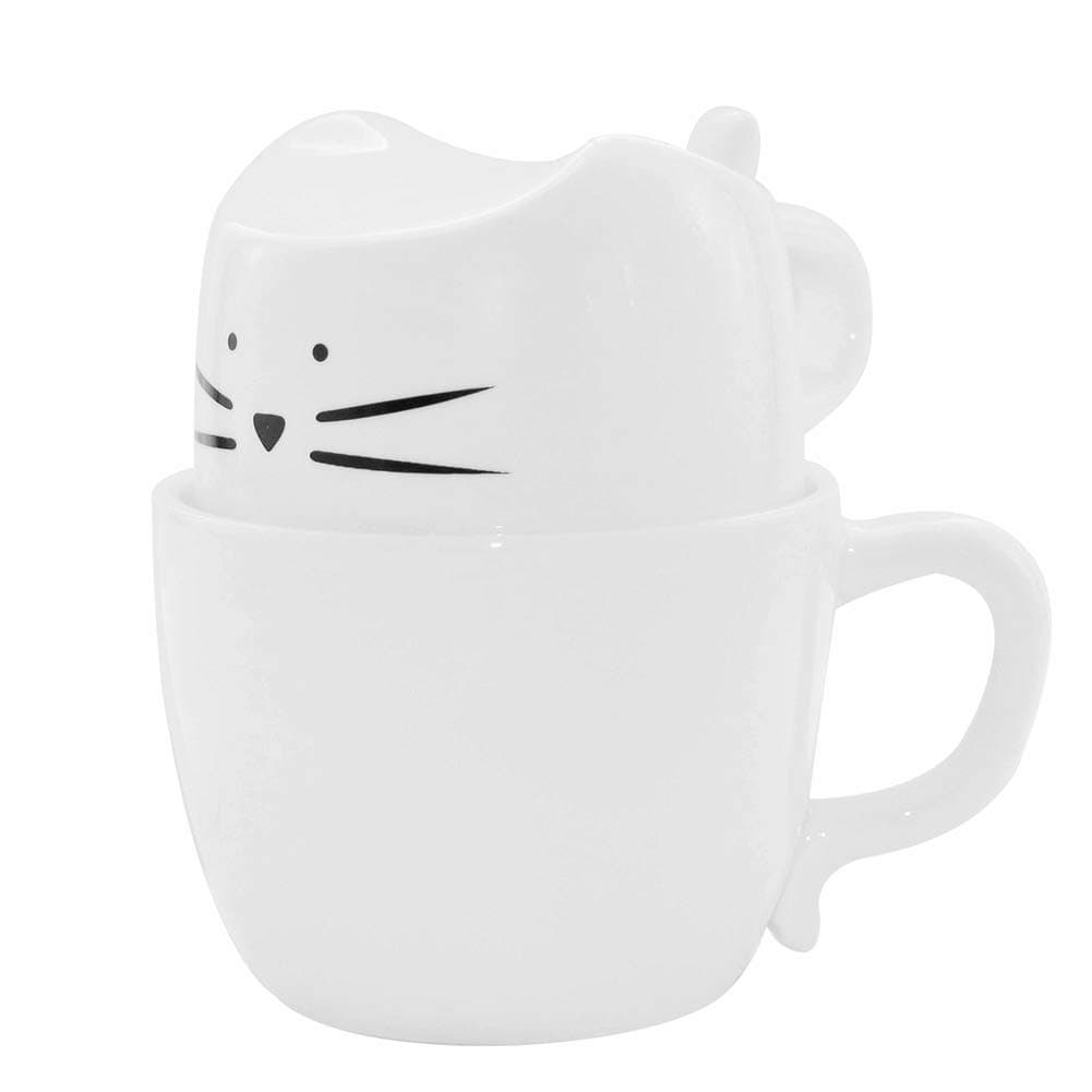 Koolkatkoo Cute Cat Coffee Mug with Lid Set for Cat Lover Gift Funny Ceramic Tea Cup Mugs for Women Mom Girls White