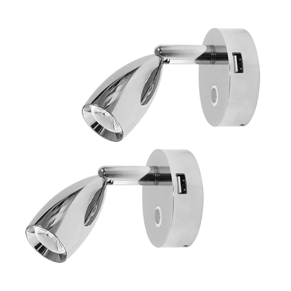 THALASSA RV 12V Spotlight USB Reading Light - Dimming Touch Switch with Blue Circle Night Light, Polished Chrome, Surface Mounted on Trailer Caravan Boat Inside as Bedside Light, Book Lamp, Pack of 2