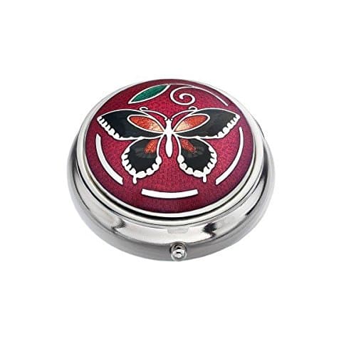 Silver Plated Pill Box in Red Butterfly with Leaf Design