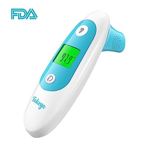 Ear and Forehead Thermometer to DETECT Fever, FLU Early – Digital Thermometer to Measure Temp of Food, Bottle, Bath Water with 32 Memory Recall, 1-Sec Accurate Reading, Backlight (Blue1)