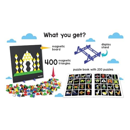 PLAY PANDA Magnetic Puzzle Set for Kids, Big Triangles with 400 Magnetic Shapes with Magnetic Board,100 Puzzle Book & 200 Puzzle Patterns, Display Stand and Storage Tray Indoor Educational Toy