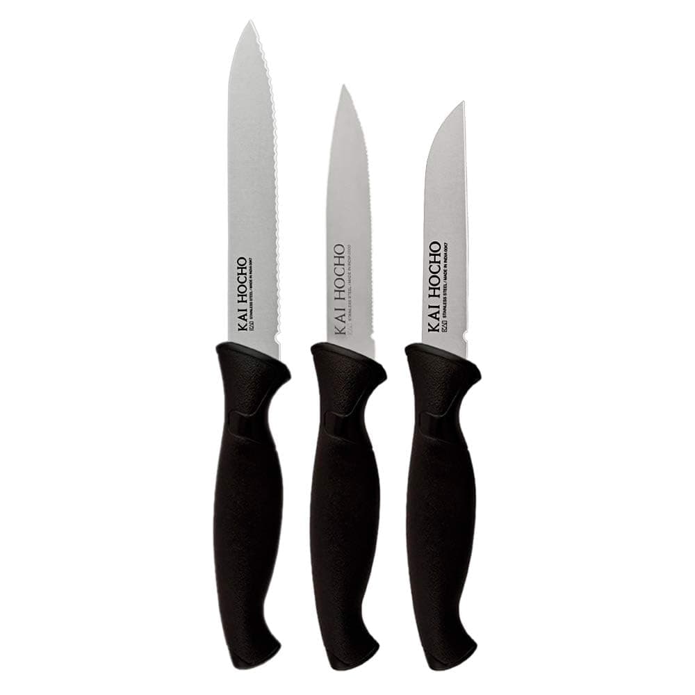 - Kai Micro Serrated Knife 5 inc,Vegetable Short knife3 inc,Vegatable Knife Serrated 4.4 inc. Black 100% Stainless Steel Knife Set