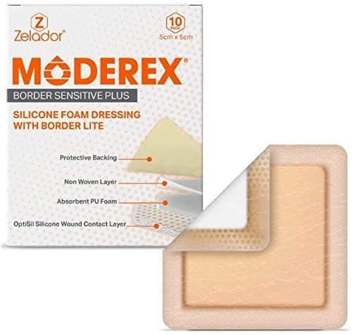 Silicone Lite Foam Dressing ( Border Sensitive Plus) with Border for Light to Moderate exuding Wounds for Sensitive Skin (10x10cm x 10)