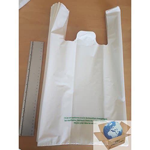 50 Reusable Plastic Racing Bag Strap 45 x 26 cm 50μ White Accordance with EEC Pouch Printed Legal Text + Hook Hole