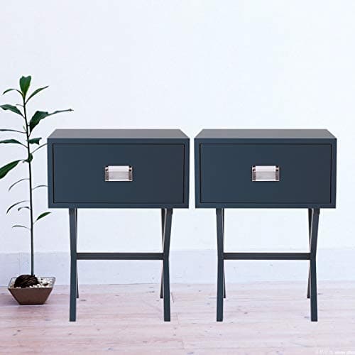 2-Pack Modern Accent Night Stand Wood Bedroom Side Table with 1 Drawer X-Shaped Base Blue