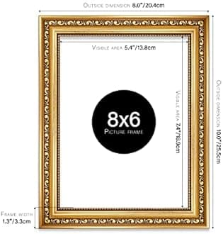 8x6 Gold Ornate Picture Frame 8"x6"(20.3x15.2cm) Poster, Photo, Artwork, or Print. Antique Style Portrait and Landscape Display with Wall Hooks