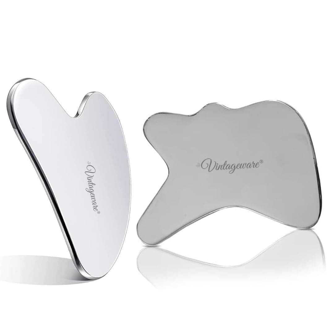 Vintageware® Stainless Steel Gua Sha Combo Set | Heart-Shape & R-Shape Massage Tools for Face & Body | Medical Grade 304 Stainless Steel