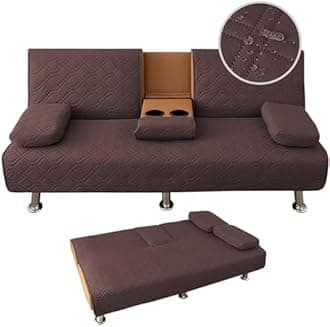 4 Pieces Click Clack Sofa Bed 3 Seater, Quilted Convertible Folding Cover With 2 Removable Armrests and 1 Holder (Coffee)