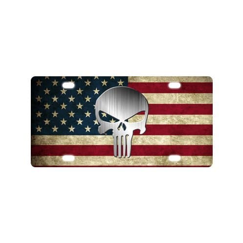Custom Retro Cool Punisher Skull on American Flag Pattern Metal License Plate With 4 Holes,12 X 6 Inchs