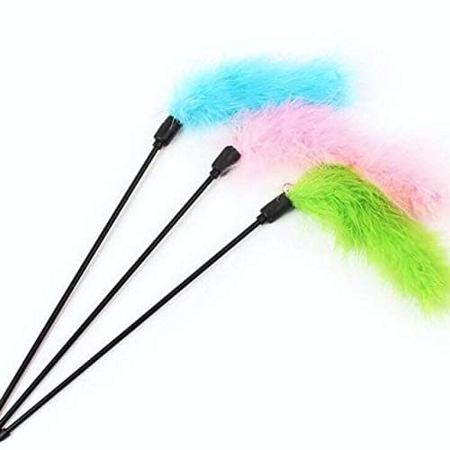 Bark and Purr Title Cats stick interactive toy, Feathered Toy tease cats stick, Turkey Feathered Toy Pack of 3, Size 28cm, Assorted Colours, Material Plastic plus Turkey Feather
