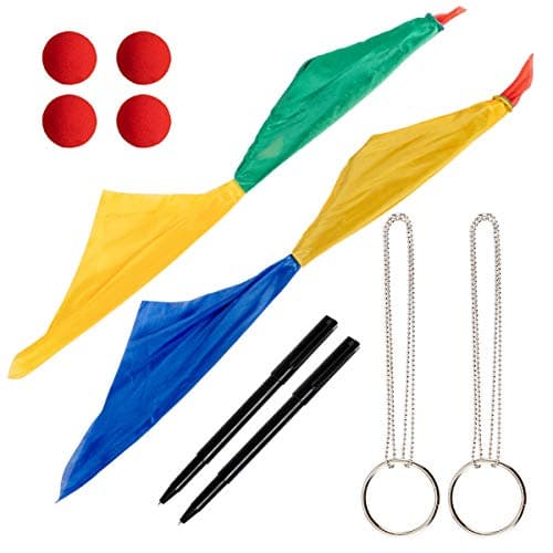 Apipi 10 Pcs Magic Props Set- 4 Red Magic Sponge Balls, 2 Color Changing Silk Hanky Magic Scarves, 2 Magic Metal Ring Chains and 2 Thru Dollar Bill Magic Pens for Magic Penetrating Trick Streets Toys