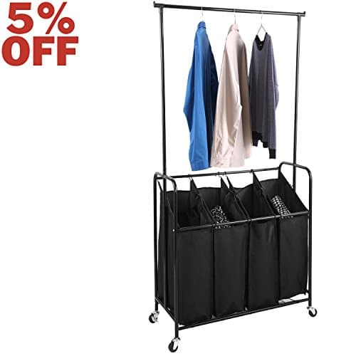 Evokem Laundry Sorter Cart Rolling Heavy-Duty Mobile Large Sorting Laundry Hamper Sorter Cart with Wheels Hanging Bar Clothes Rack 4 Storage Removable Bags Basket Organizer