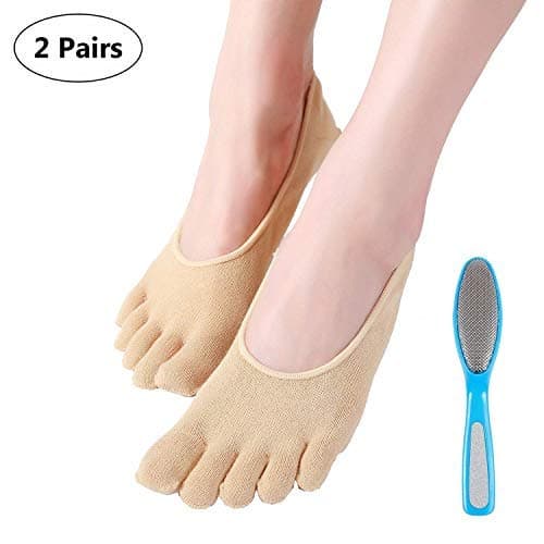 LANGFON 5 Toe Moisturizing Gel Socks, Gel Heel SPA Socks, Moisturizing Toe Socks for Dry Cracked Feet and Rough Skin Overnight Cracked Heel Socks, 2 Pairs, Khaki (Get Foot File Free)…
