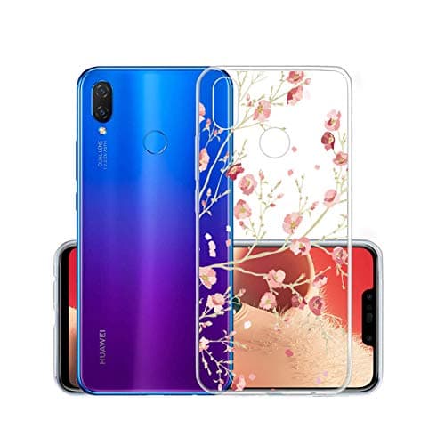 IJIA Case for Huawei Nova 3i / Huawei P Smart Plus (P Smart+) (6.3") - Transparent Beautiful Pink Peach Flower Clear TPU Soft Silicone Protection Bumper Fashion Skin Back Shell Case Cover